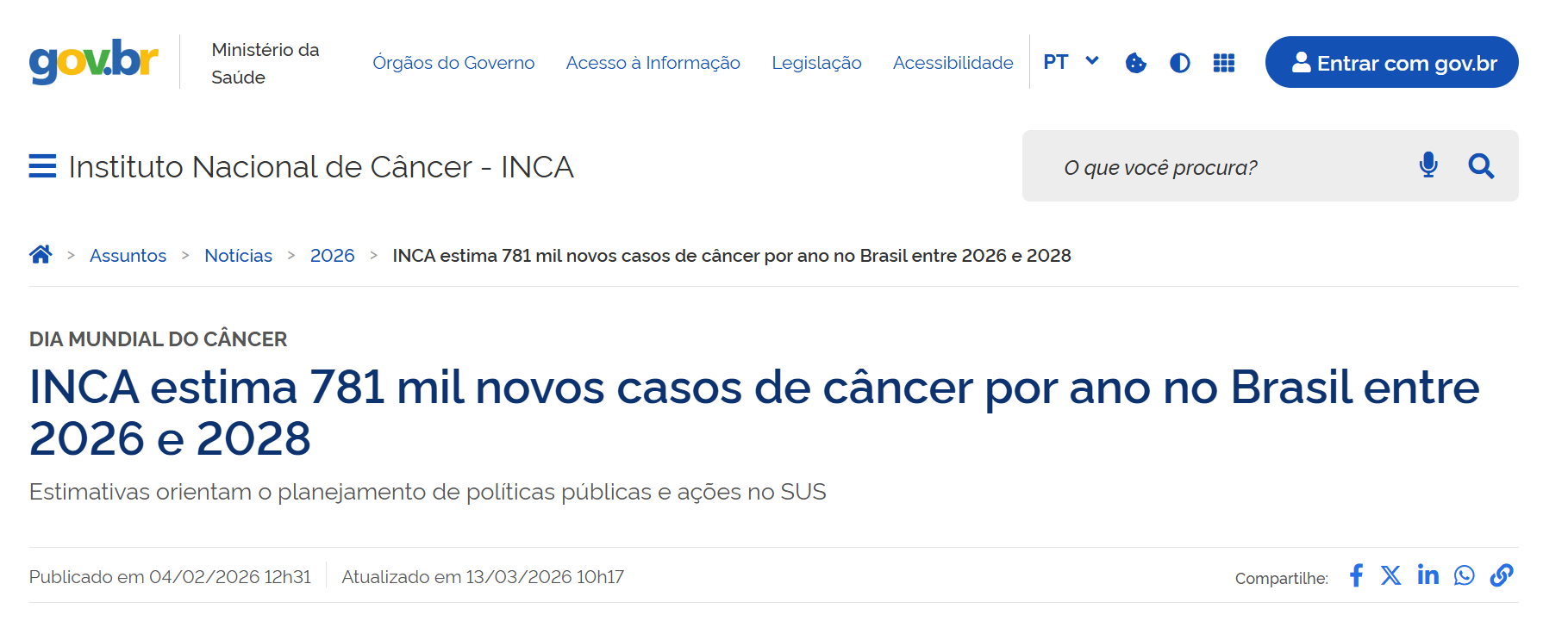 Notícia INCA: INCA estima 781 mil novos casos de câncer por ano no Brasil entre 2026 e 2028